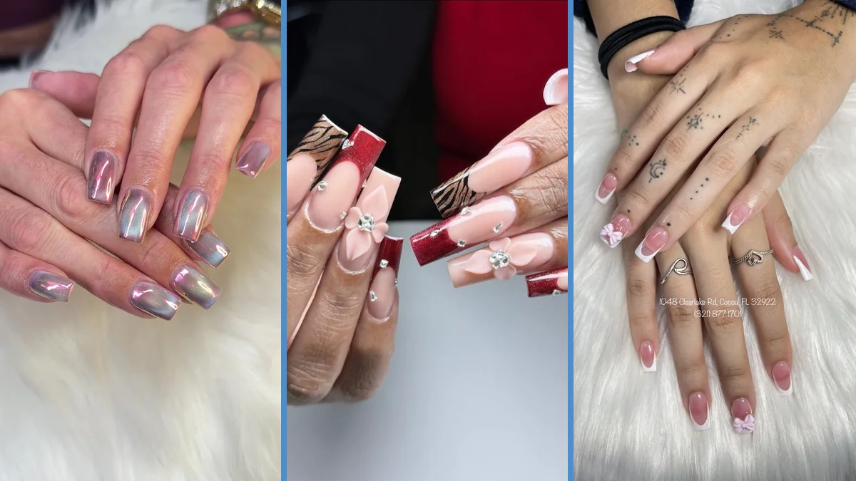 Close-up of polished nails and glossy finishes.